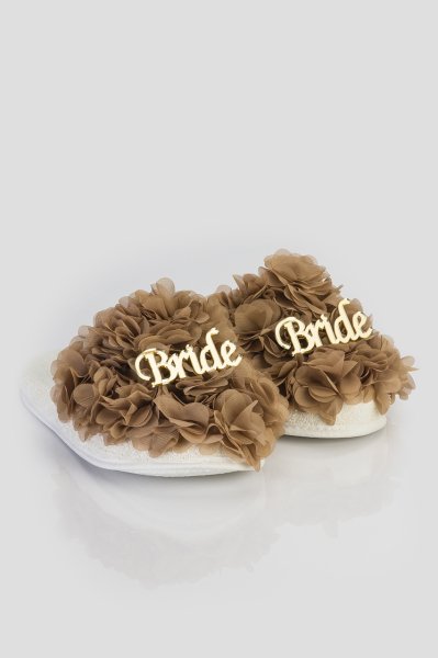 Kapalı Havlu Terlik -Vizon Çiçek- Gold Bride Yazılı